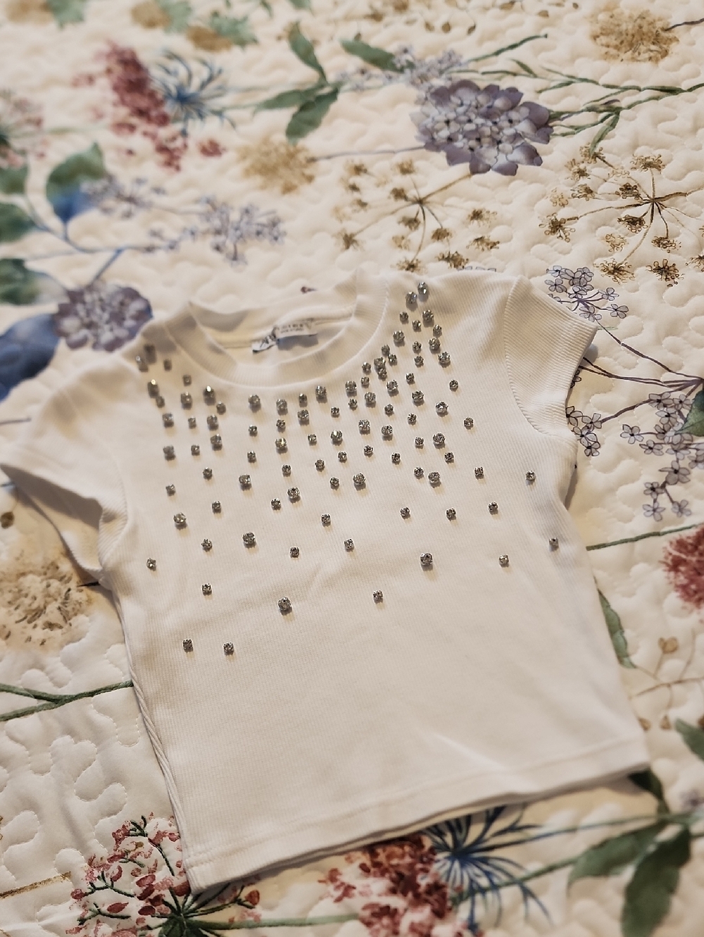 Zara White Short Sleeve Top with Silver Rhinestone Detail